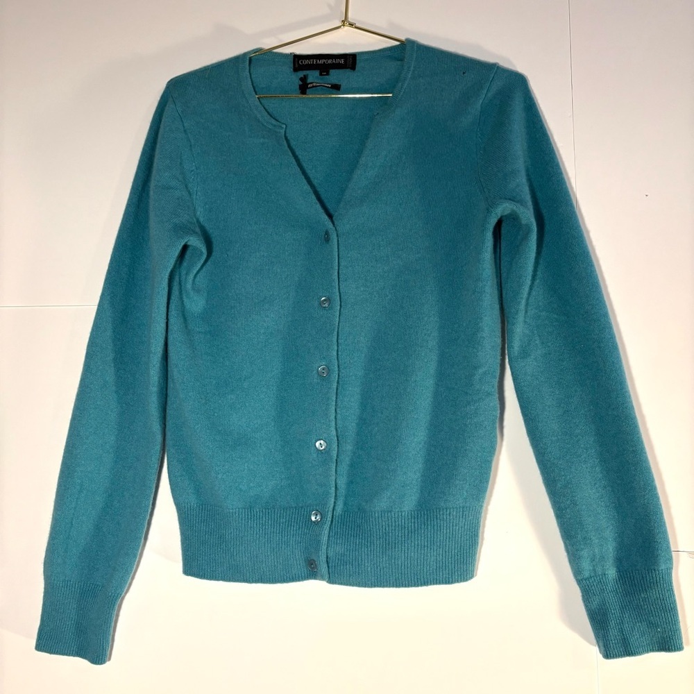 Simons Contemporaine 100% cashmere Teal Button-Up Cardigan, Size Small